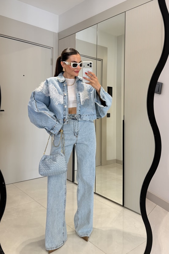 Zara model Dobbie Denim Suit with Lace Details