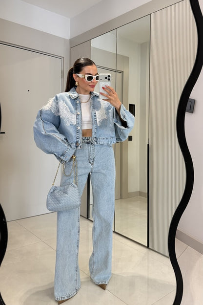 Zara model Dobbie Denim Suit with Lace Details