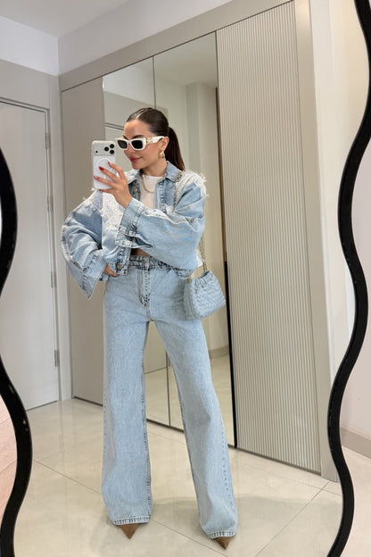 Zara model Dobbie Denim Suit with Lace Details