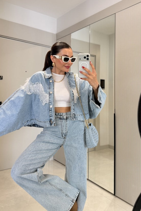 Zara model Dobbie Denim Suit with Lace Details