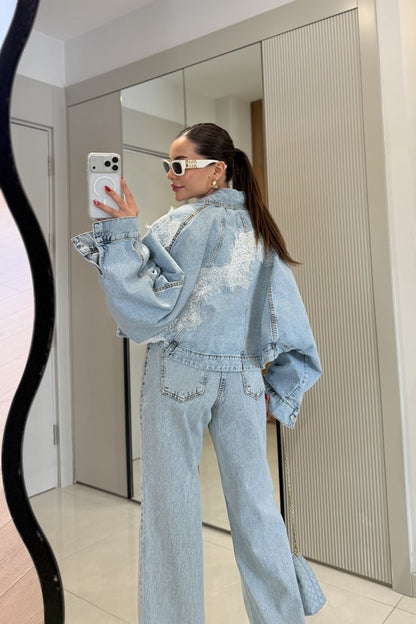 Zara model Dobbie Denim Suit with Lace Details