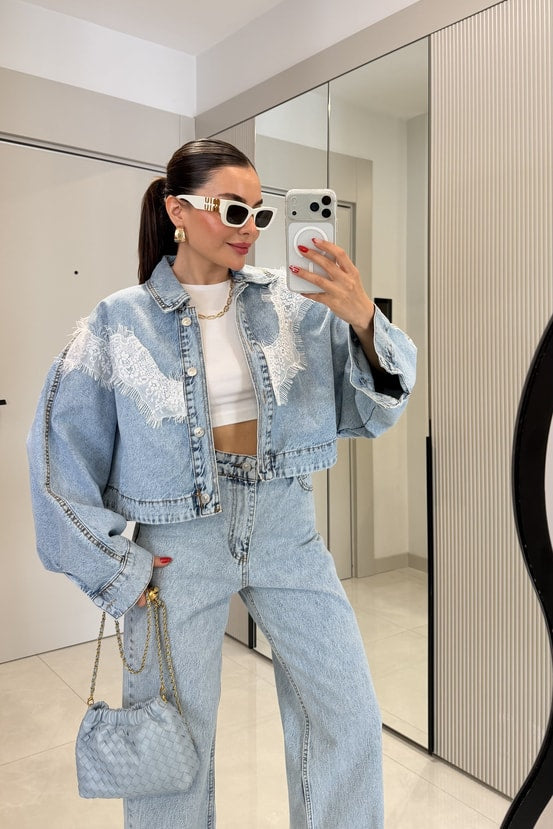 Zara model Dobbie Denim Suit with Lace Details
