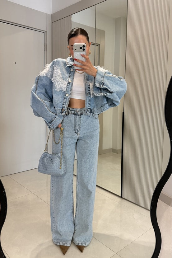 Zara model Dobbie Denim Suit with Lace Details