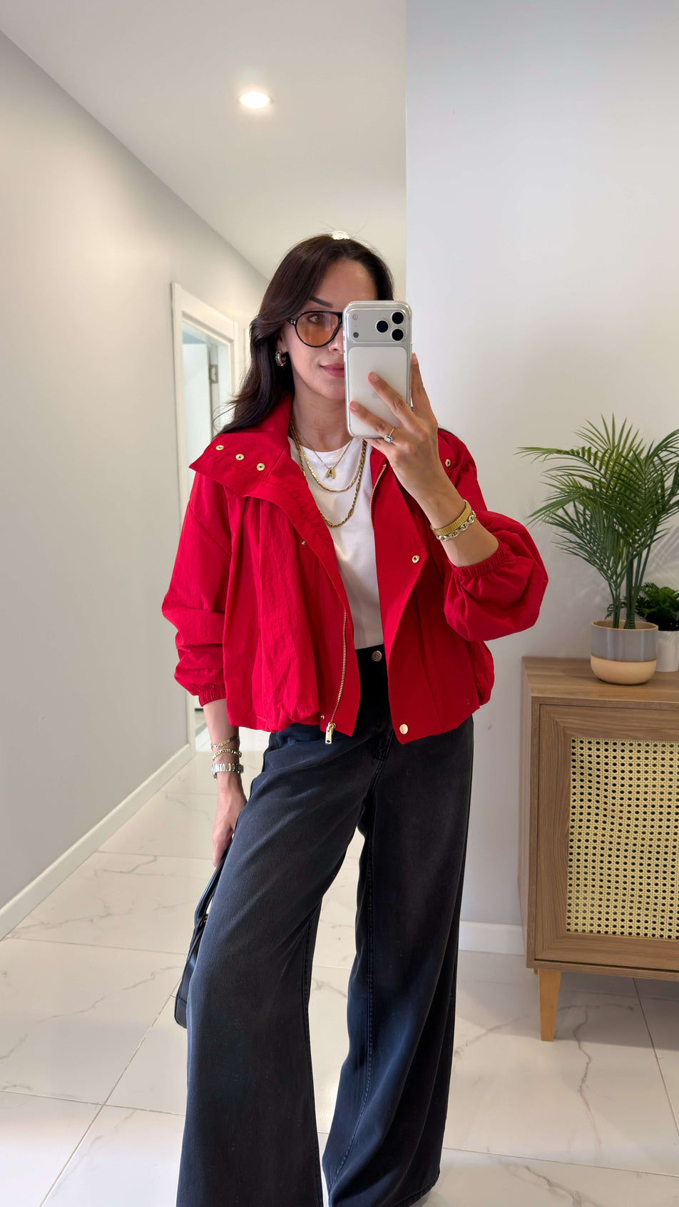 Parachute fabric High-Neck Bomber with gold snaps  - Red
