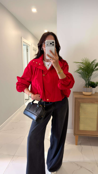 Parachute fabric High-Neck Bomber with gold snaps  - Red