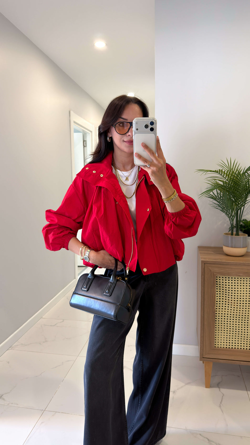 Parachute fabric High-Neck Bomber with gold snaps  - Red
