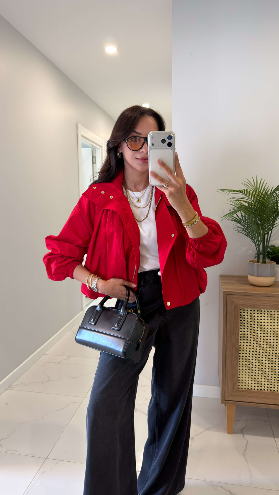 Parachute fabric High-Neck Bomber with gold snaps  - Red