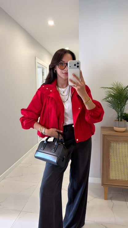 Parachute fabric High-Neck Bomber with gold snaps  - Red