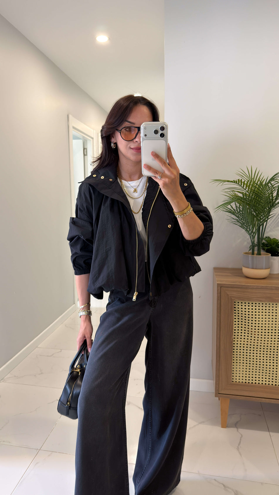 Parachute fabric High-Neck Bomber with gold snaps  - black