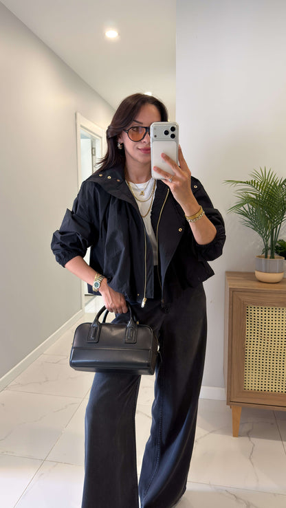 Parachute fabric High-Neck Bomber with gold snaps  - black
