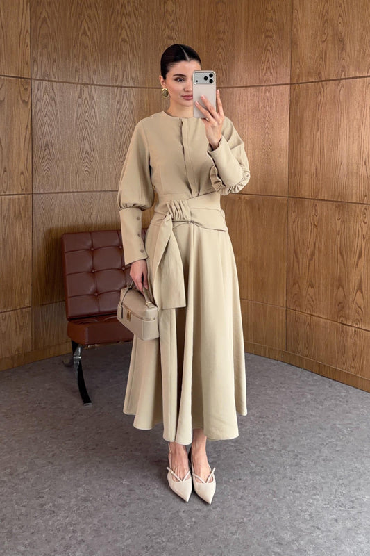 Long-sleeved shirt and wide skirt set with a fixed side belt at the waist.