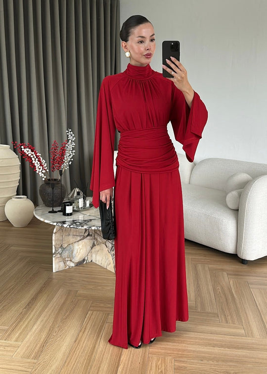 Draped Premium Dress -  RED