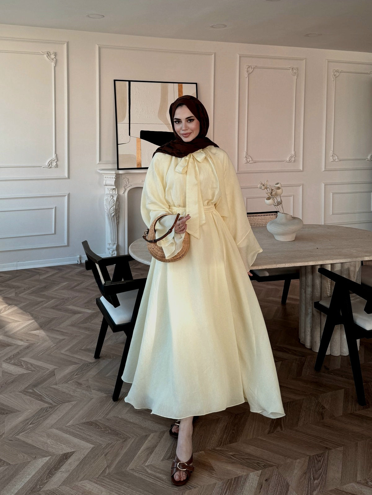 Wide sleeve tie Detail blouse with maxi skirt chiffon set