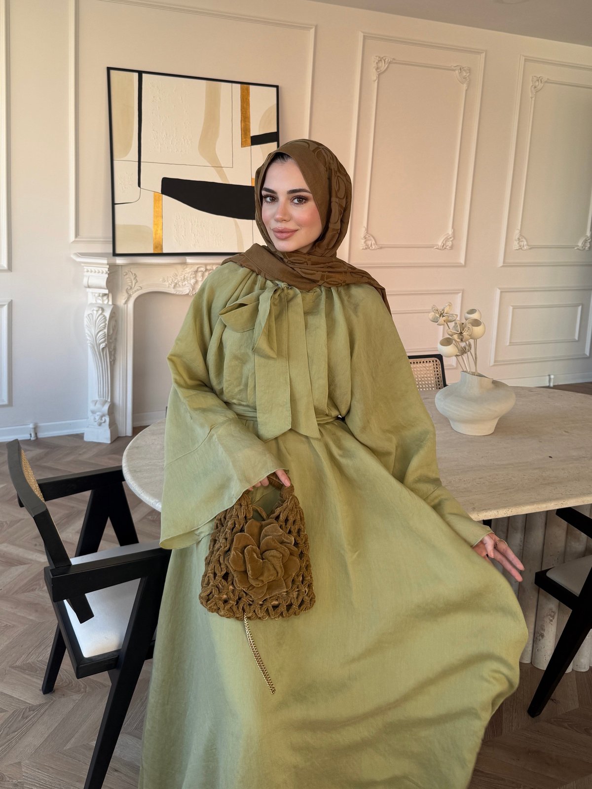 Wide sleeve tie Detail blouse with maxi skirt chiffon set