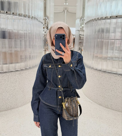 GOLD BUTTONED WAIST-FITTED JACKET AND STRAIGHT PANTS DENIM SET