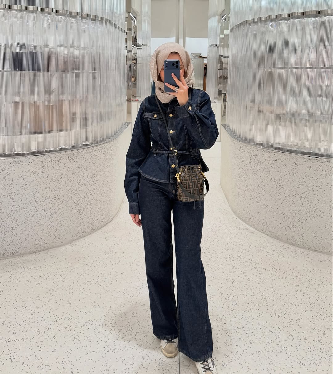 GOLD BUTTONED WAIST-FITTED JACKET AND STRAIGHT PANTS DENIM SET