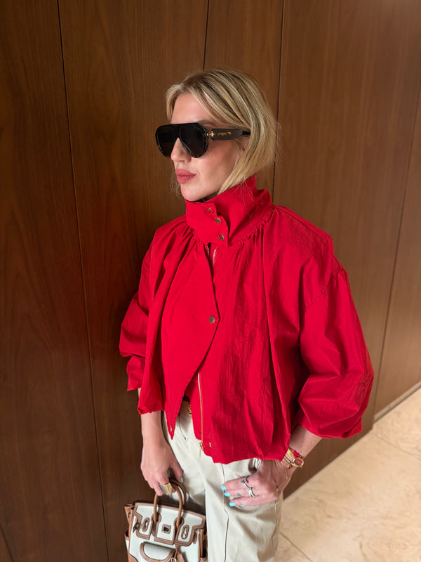 Parachute fabric High-Neck Bomber with gold snaps  - Red