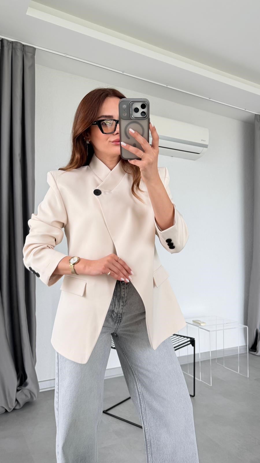 Asymmetrical Mandarin Collar blazer with Button Details - beige
