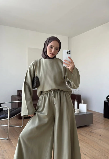 Linen Wide-Leg Blouse Set in Light Green