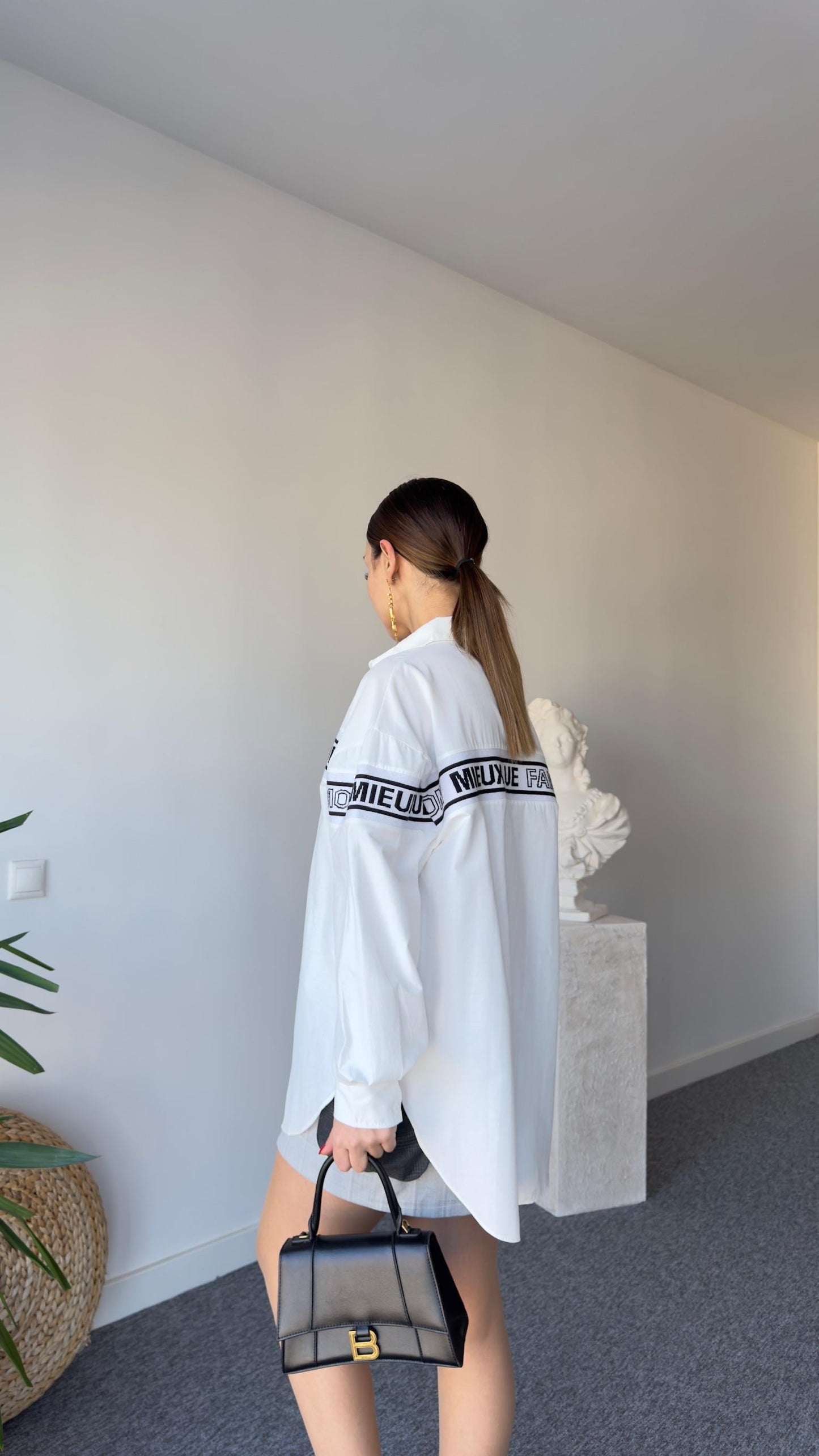 Knitted Stripe Text Detail White Shirt