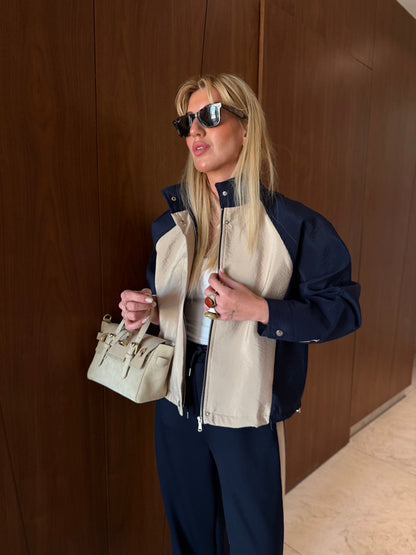 Navy Blue Beige Contrast Tracksuit Set