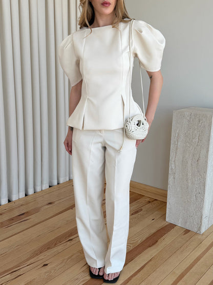 Beige Mateo Balloon Sleeve Blouse and Pants Set