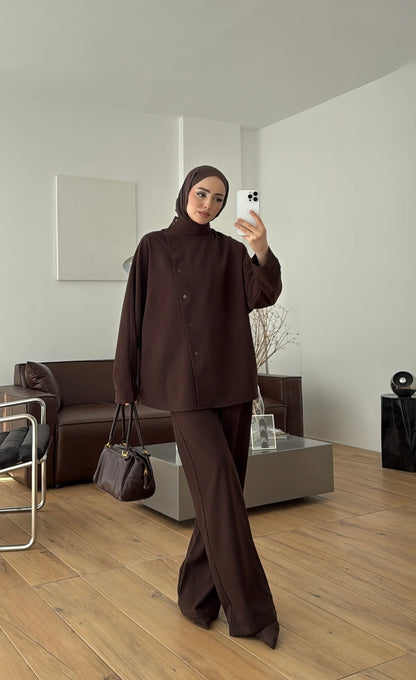 Belted side buttons shirt ,waistband straight leg trouser co-ord set-brown