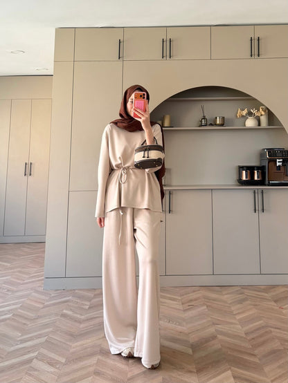 Oversize blouse with waistband wide leg trouser oysho fabric set - beige