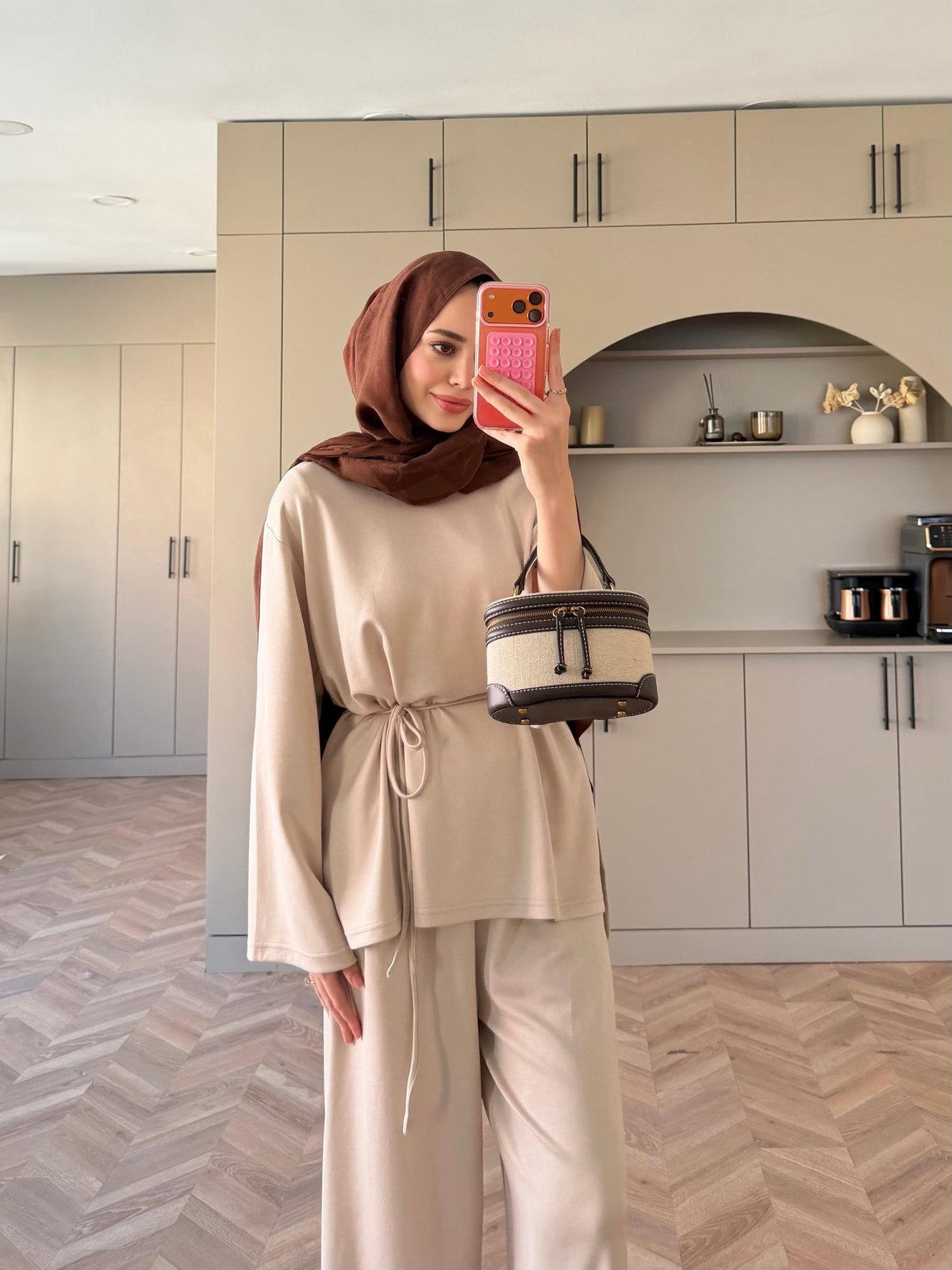 Oversize blouse with waistband wide leg trouser oysho fabric set - beige