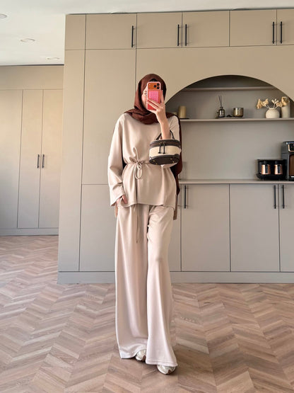 Oversize blouse with waistband wide leg trouser oysho fabric set - beige