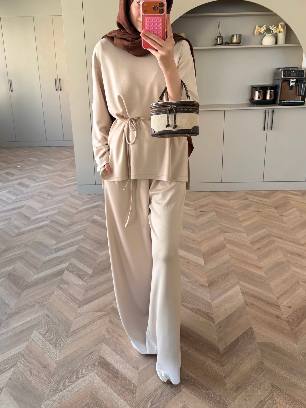 Oversize blouse with waistband wide leg trouser oysho fabric set - beige