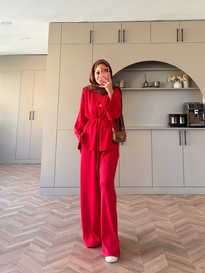Oversize blouse with waistband wide leg trouser oysho fabric set - red