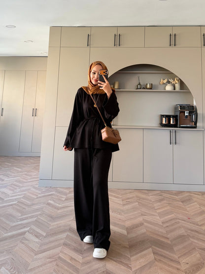 Oversize blouse with waistband wide leg trouser oysho fabric set - black