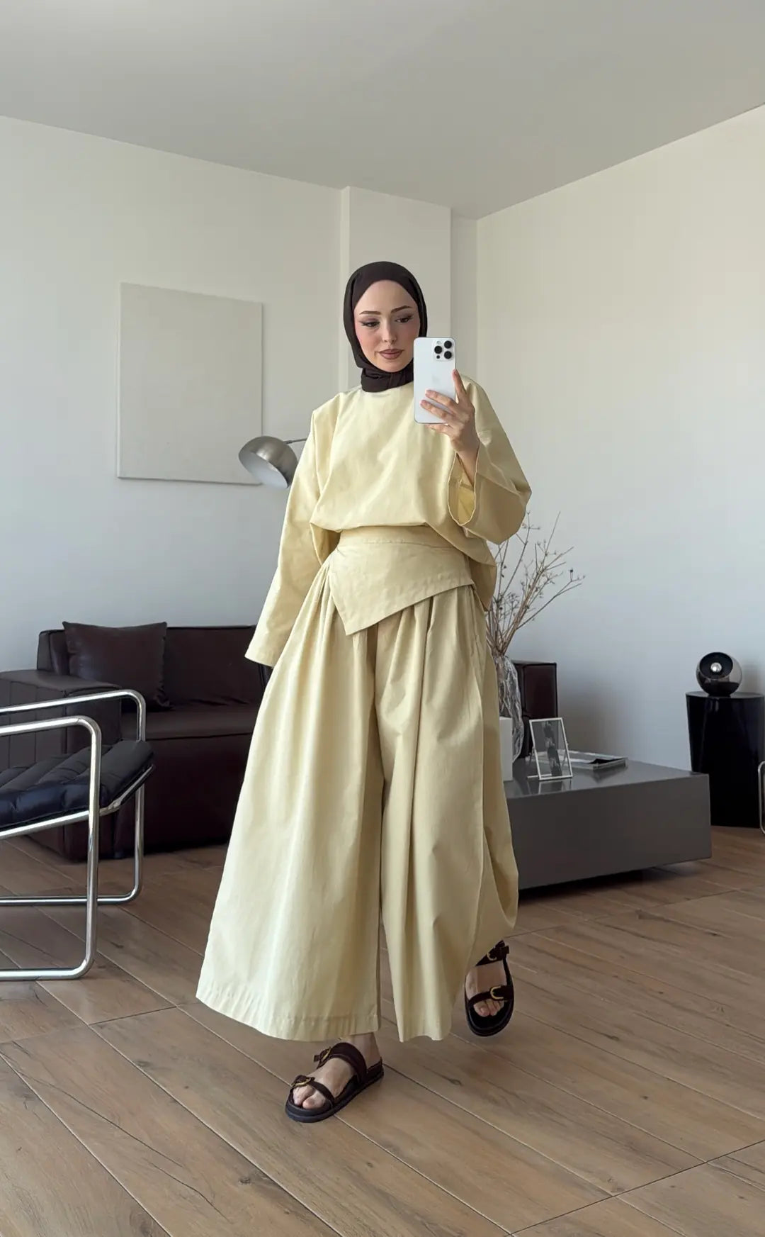 Wide sleeve blouse, Wide-leg trouser with Asymmetric attached Linen Suit