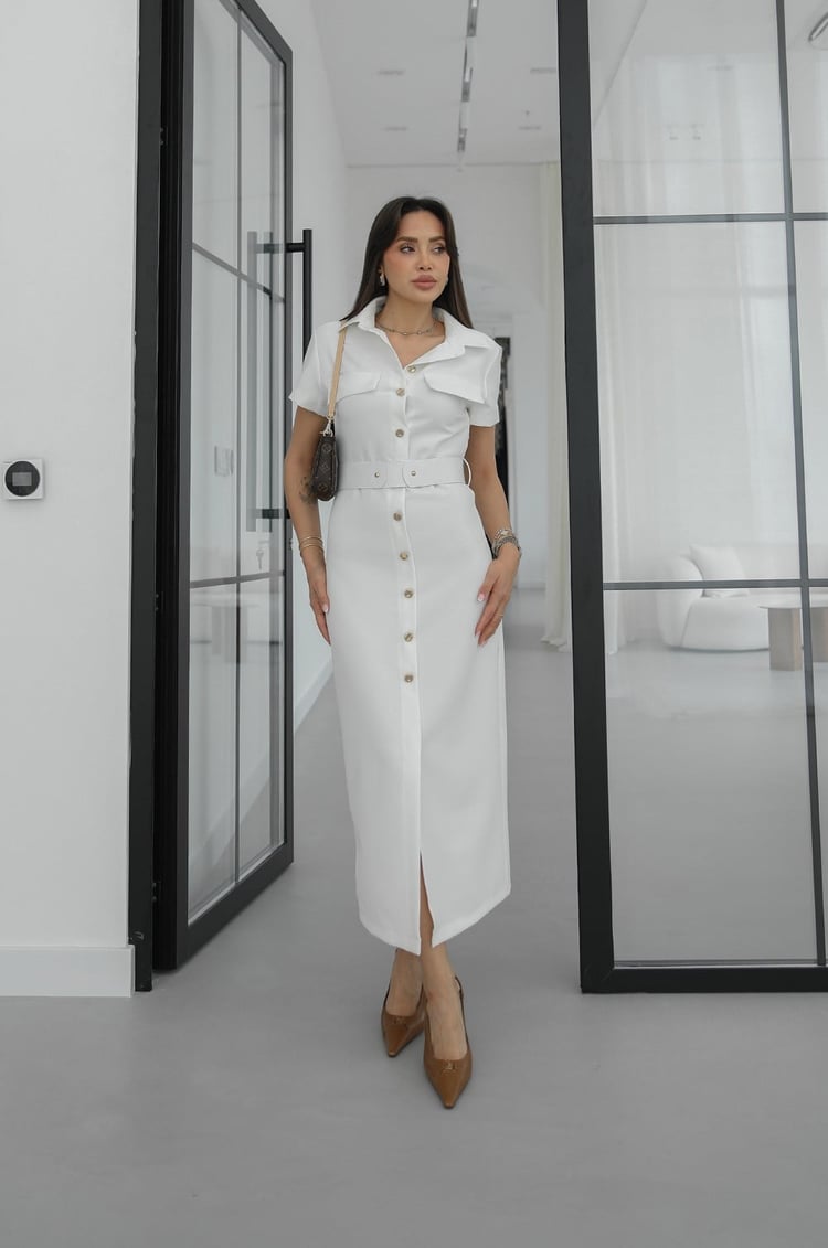 Gold button lap-neck belted midi dress