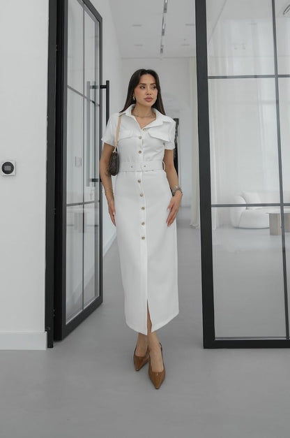 Gold button lap-neck belted midi dress