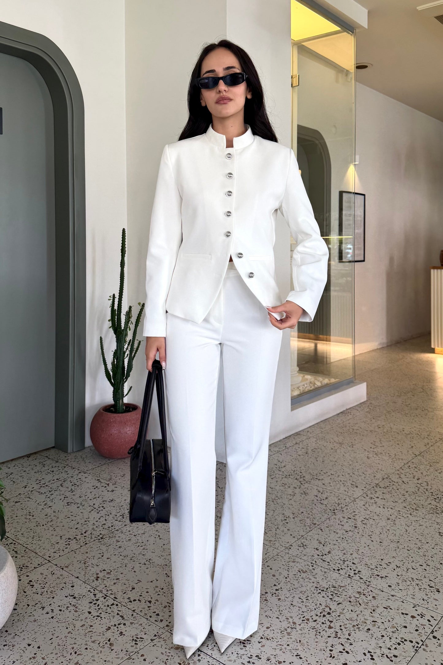 Stand collar silver buttons suit