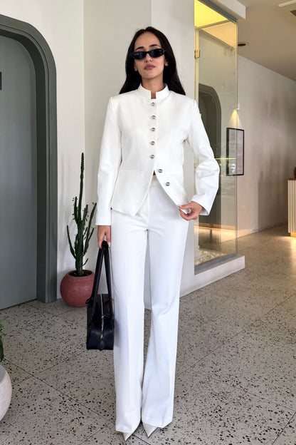 Stand collar silver buttons suit