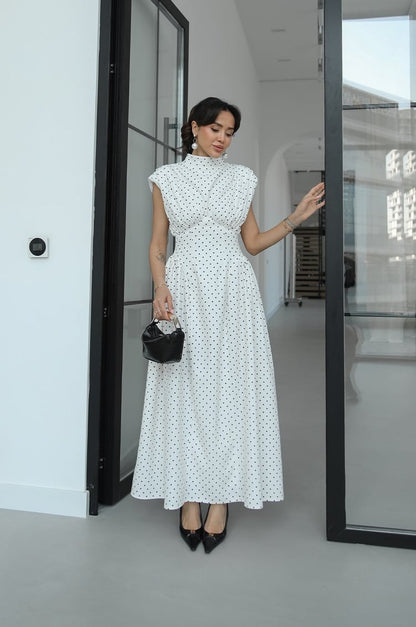 Polka Dot Enid Waist-Fitted Padded Dresswith back neck tie