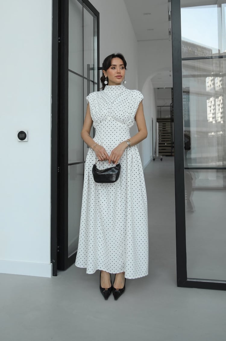 Polka Dot Enid Waist-Fitted Padded Dresswith back neck tie