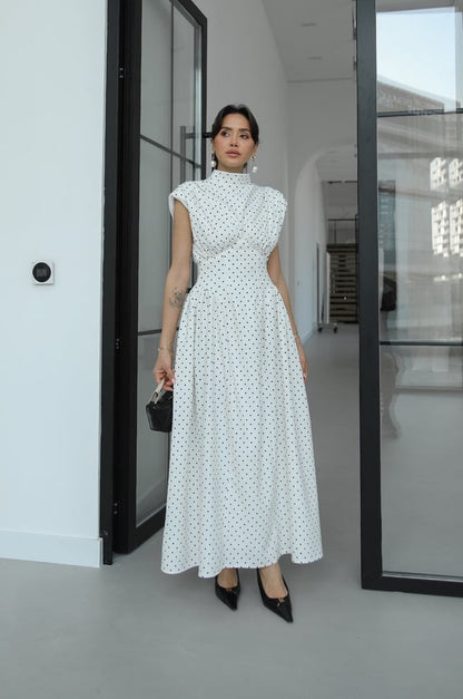 Polka Dot Enid Waist-Fitted Padded Dresswith back neck tie