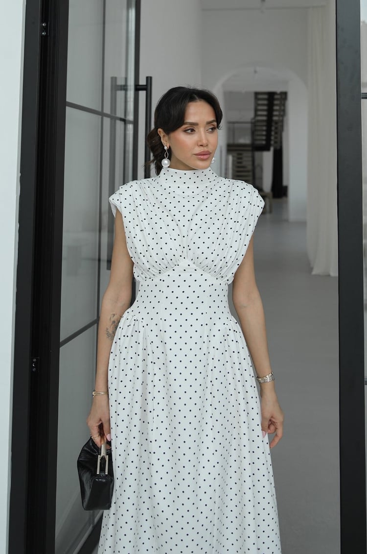 Polka Dot Enid Waist-Fitted Padded Dresswith back neck tie