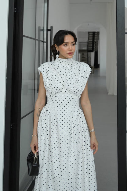Polka Dot Enid Waist-Fitted Padded Dresswith back neck tie
