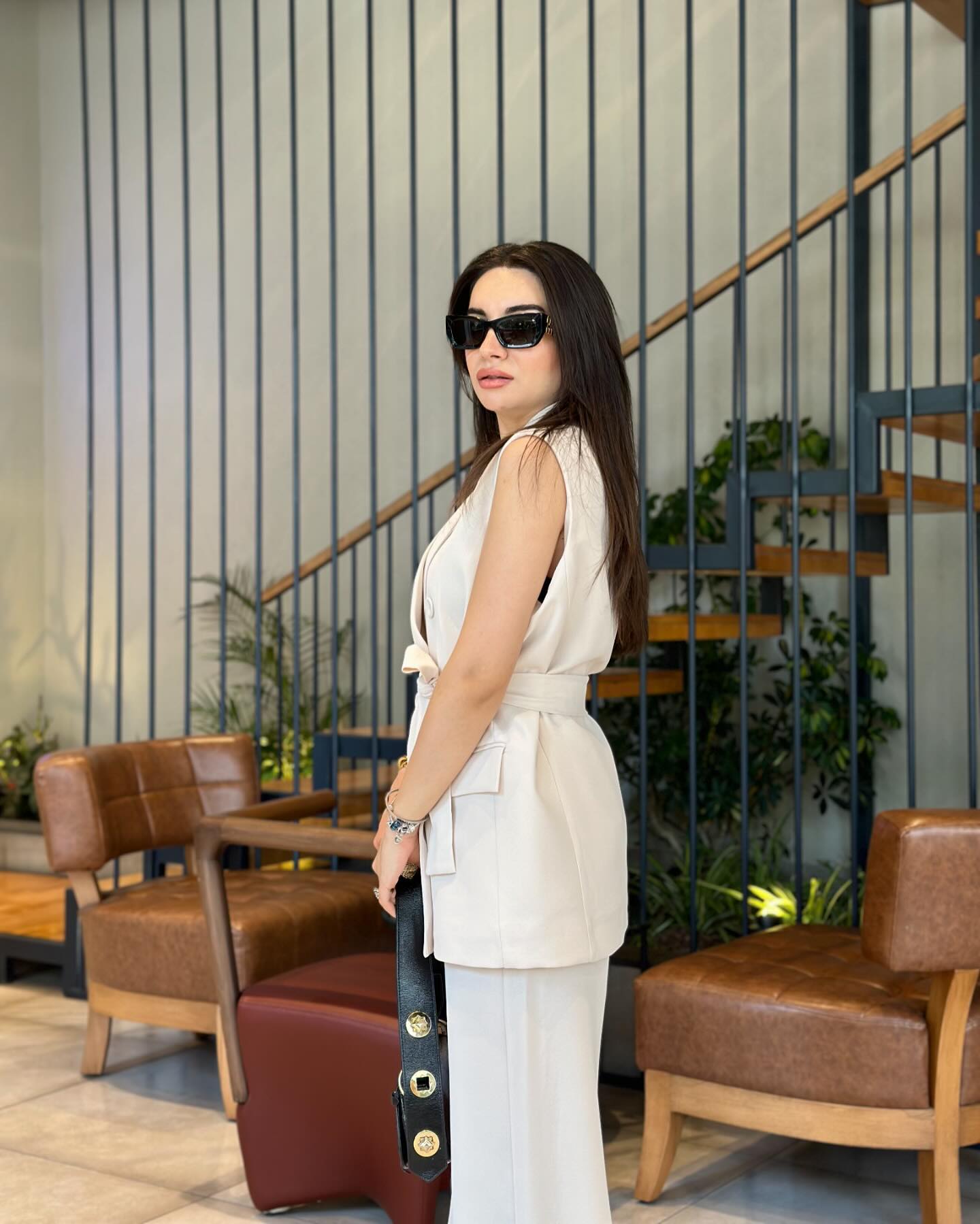 Double breasted belted waistcoat suit