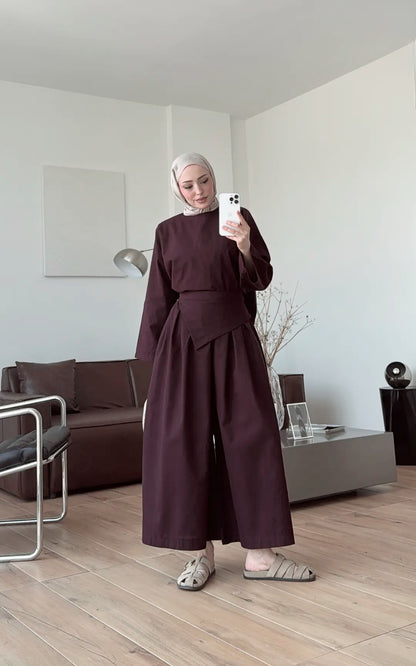 Wide sleeve blouse, Wide-leg trouser with Asymmetric attached Linen Suit