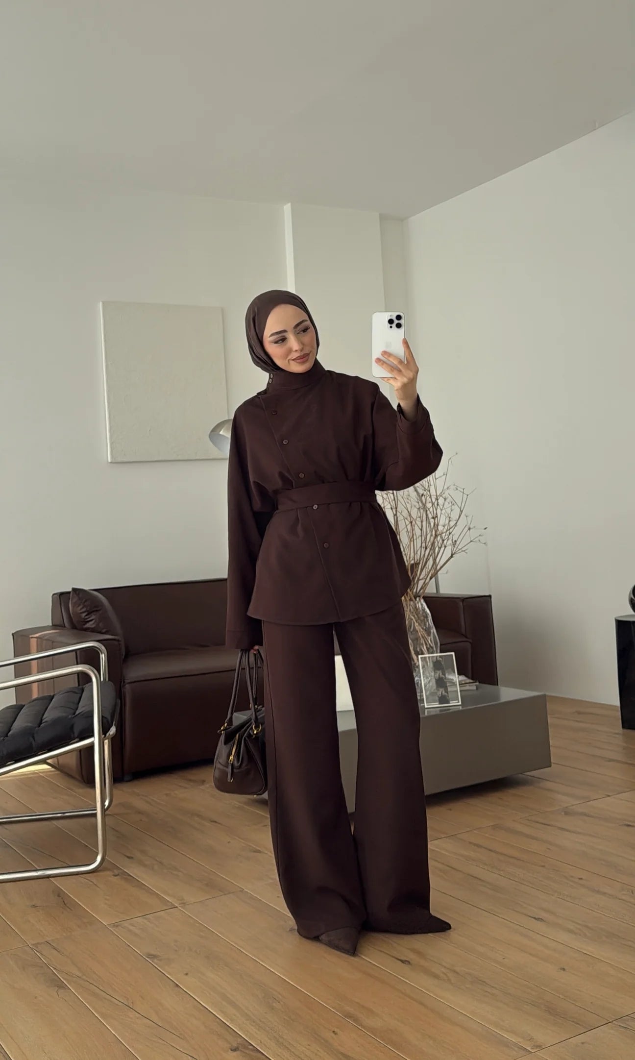 Belted side buttons shirt ,waistband straight leg trouser co-ord set-brown