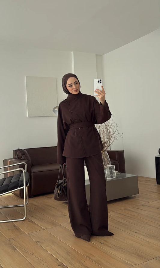 Belted side buttons shirt ,waistband straight leg trouser co-ord set-brown