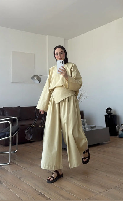 Wide sleeve blouse, Wide-leg trouser with Asymmetric attached Linen Suit
