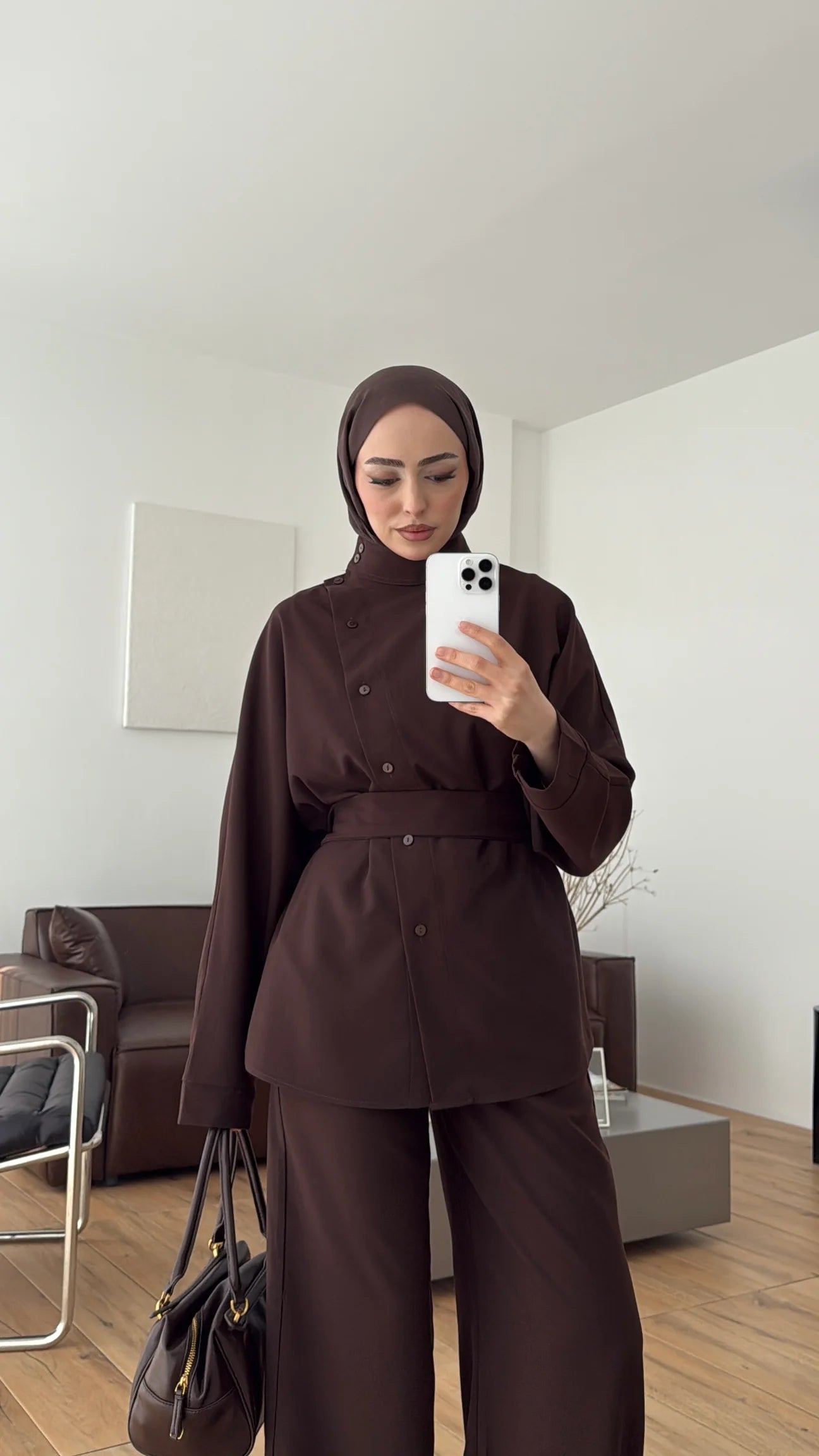 Belted side buttons shirt ,waistband straight leg trouser co-ord set-brown