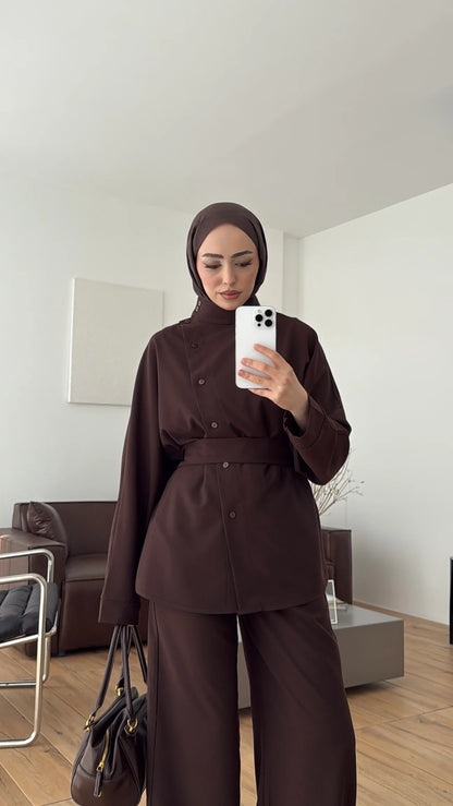 Belted side buttons shirt ,waistband straight leg trouser co-ord set-brown
